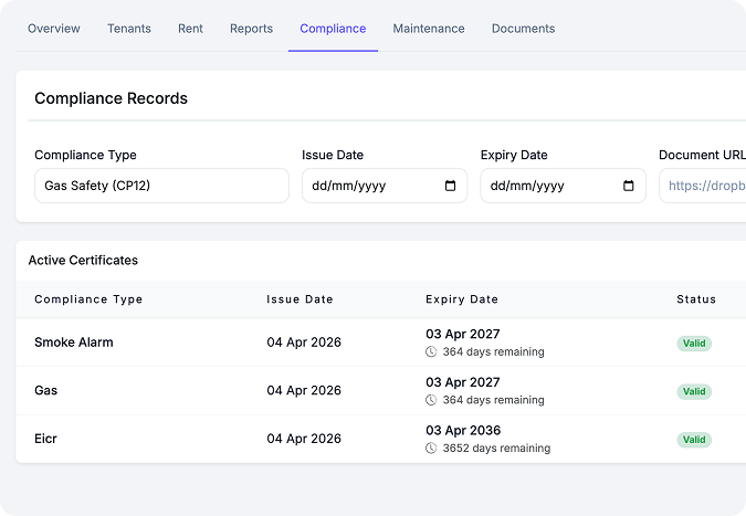 Landlord compliance tools dashboard